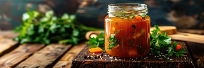 Canvas Print - Homemade Chicken Bone Broth or Soup with Herbs and Vegetables in a Jar