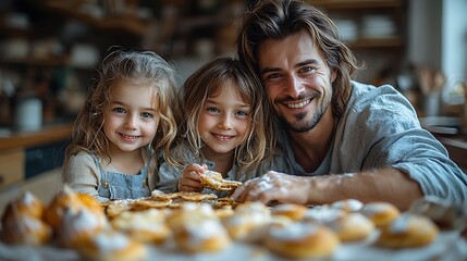 Wall Mural -  Young nuclear family making pancakes together. Parents and children in kitchen, preparing pancake batter, spending weekend day indoors. 