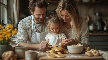 Wall Mural -  Young nuclear family making pancakes together. Parents and children in kitchen, preparing pancake batter, spending weekend day indoors. 