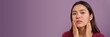 © Olga - Young asian woman examined her face with skin problems. Red spots on face, puberty, acne scars, cosmetic allergic reaction. Dermatology facial cleaning wide banner with copy space at purple background