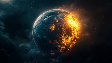 Wall Mural - A fiery planet engulfed in flames against a backdrop of a dark and cloudy space, representing the destruction and potential end of a world.