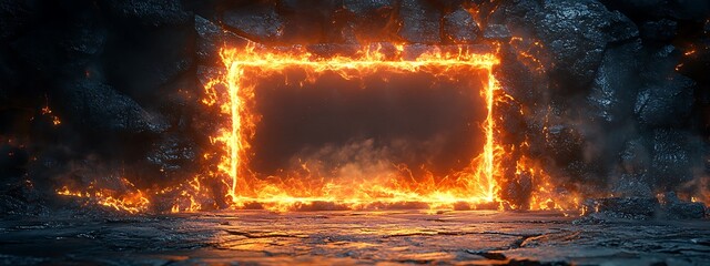 A bright, fiery frame of orange flames forms a glowing square against a dark, textured background. The intense fire contrasts the dark tiles, creating a dramatic, high-energy visual. 