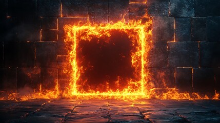 A bright, fiery frame of orange flames forms a glowing square against a dark, textured background. The intense fire contrasts the dark tiles, creating a dramatic, high-energy visual. 