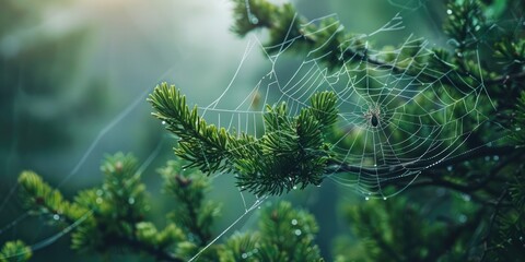 Poster - Close up of a twig adorned with a fragile spider web highlighting the intricate relationship between plant and animal in a forest setting