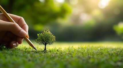 Wall Mural - A hand draws a small tree on a green grassy field with a blurred background of trees and bright sunshine.