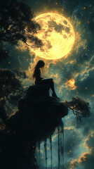 Wall Mural - A woman sits on a rock under a full moon