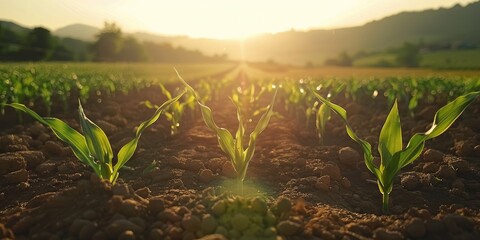 Wall Mural - Agricultural field with young green corn plants growing for food and fuel surrounded by dusty dirt roads