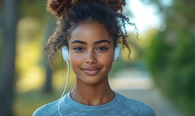  Close up happy candid young black african american female teenager running jogging outdoors in nature. Mixed race girl exercising wearing white headphones listening to music