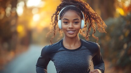  Close up happy candid young black african american female teenager running jogging outdoors in nature. Mixed race girl exercising wearing white headphones listening to music