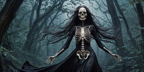 Wall Mural - a skeletal figure in a long black dress with flowing hair, standing amidst a mist-filled forest.