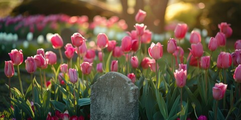 Wall Mural - Pink Tulips Surrounding the Granite Tombstone in the Rose Garden at the Hillwood Mansion Museum