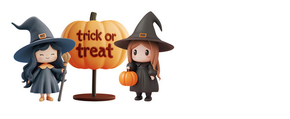 3D Witch in Banner Cartoon: Halloween Celebration, Trick or Treat with Witch, Text Copy Space, Isolated on Transparent Background, PNG