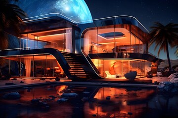 Wall Mural - 3D illustration of a futuristic building with a panoramic view.