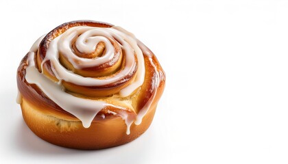 Tasty homemade cinnamon roll, bun, swirl, Danish or snail with glaze icing dripping down sides. made with flour, cinnamon, sugar, and butter, which provide a robust and sweet flavor. isolated on white