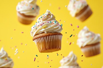 Cupcakes topped with creamy frosting and colorful sprinkles hover against a bright yellow backdrop, inspiring joy and indulgence. Generative AI