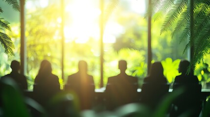 Sticker - Group, boardroom and business meeting in an office for collaboration, teamwork and sustainability. Blurry, green and silhouette people sitting together for meeting and leadership in nature workplace