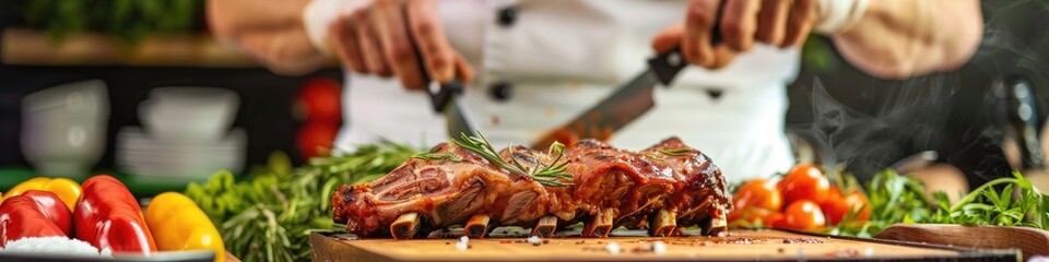 Poster - Homemade Pork Rib Stock Preparation with Vegetables by a Chef in a Kitchen