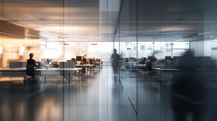 Wall Mural - Blurred office scene behind a glass wall, with people working at desks and modern interior design elements