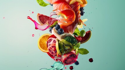 Wall Mural - Fresh Fruit and Vegetables Falling in Water.