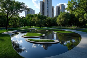 Peaceful designs for urban parks created with natural elements, featured in a digital rendering that blends nature with urban planning