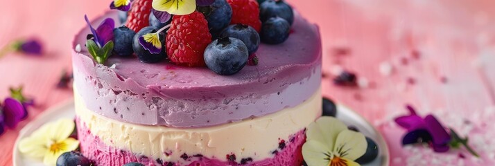 Wall Mural - Layered Blueberry Cheesecake with Ombre No-Bake Mousse, adorned with Fresh Berries and Edible Viola Flowers