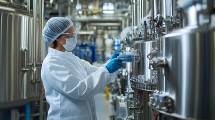 Canvas Print - Lab technician monitors bioreactor vessels in pharmaceutical production showcasing biotech aspect. Concept Pharmaceutical Production, Bioreactor Monitoring, Lab Technician, Biotech