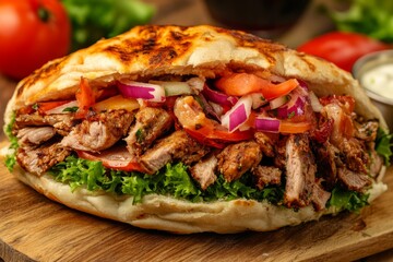 Delicious doner kebab loaded with grilled meat, fresh vegetables, and sauces served in a warm pita on a wooden table