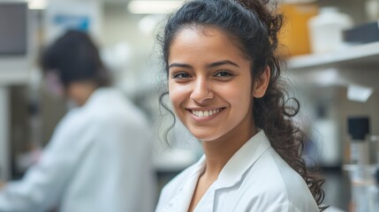 Canvas Print - A young scientist wearing a lab coat smiles at the camera while her colleague works in the background.