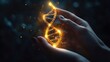 © Thanthara - Hand appears to carefully modify the strands of a glowing dna helix, symbolizing breakthroughs in genetic engineering and biotechnology