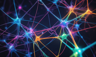 A colorful illustration of a neural network, showcasing the intricate connections of neurons in the brain
