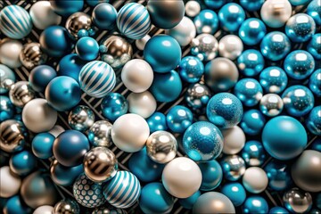 A vibrant collection of teal, silver, and white spheres creates a captivating visual experience filled with texture and depth, perfect for artistic design inspiration. Generative AI