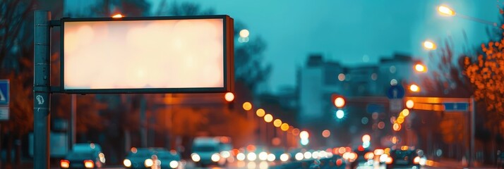 Wall Mural - Empty billboard at traffic lights with shallow depth of field during twilight.