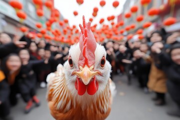 Wall Mural - A close view of a chicken's face, its red comb and wattles prominent, while behind it stretch rows of festive red lanterns, likely indicating a cultural or festive event in an urban setting.