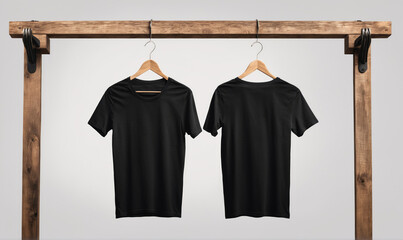 Two black t-shirts hang on wooden hangers against a white backdrop