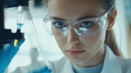 Wall Mural - Life scientists researching in laboratory Focused female life science professional pipetting solution into the glass cuvette Healthcare and biotechnology concept