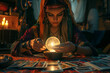 © Duckai - Gypsy Fortune Teller practicing tarot card reading and crystal ball gazing during a mystic Halloween night