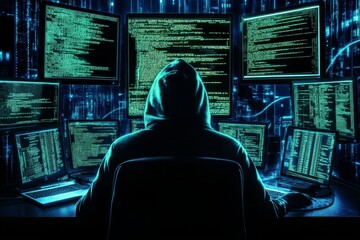 a hooded hacker sits in a dark, high-tech room facing several computer screens with green code, high