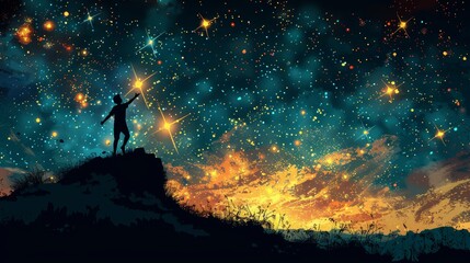 silhouette of a man reaching for a shooting star at night