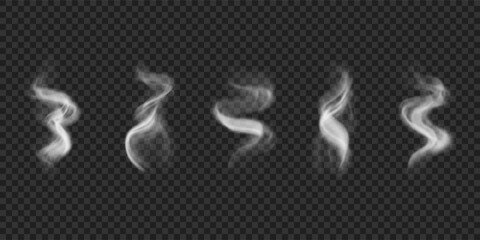 Set of realistic wavy smoke, steam from hot food and drinks. Vector design elements of smog, fog on transparent background