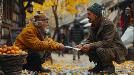 Elderly man offers gift to beggar on autumn street