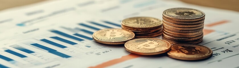 Coins placed near financial data printouts on a desk, symbolizing monetary strategy, wealth management, and data-driven decision-making