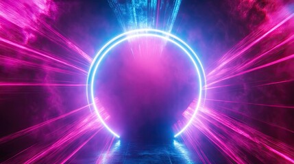 Wall Mural - Neon Circle with Pink and Blue Lights and Smoke