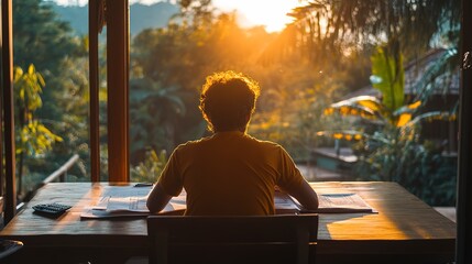 Canvas Print - An entrepreneur drafting a business plan on a peaceful morning