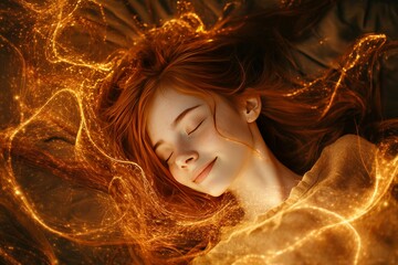 Sticker - Young woman peacefully sleeping under a blanket of golden light threads symbolizing comfort warmth and the serene beauty of dreams