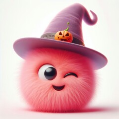 cheeky winking furry 3D pink gradient monster with halloween hat, very soft and fuzzy