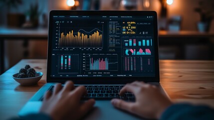 Canvas Print - person working on a laptop which displays various colorful charts and graphs indicating some data analytics or business performance metrics. 