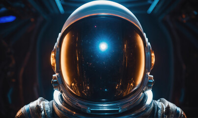 An astronaut's helmet reflects a bright light in space, illuminated by the stars