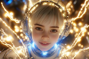 Wall Mural - Futuristic glowing portrait of a young woman wearing headphones surrounded by a network of illuminated light trails symbolizing the fusion of music technology and imagination