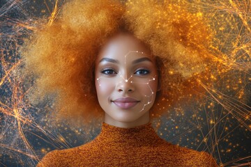 Wall Mural - artistic portrait of a young woman with voluminous orange afro textured hair surrounded by digital l