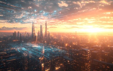 Poster - Futuristic City Skyline with Digital Data Streams Representing Global Connectivity